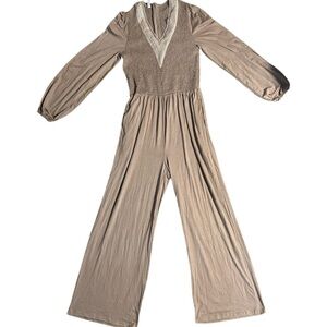 NWT, Dokotoo, Medium, Lace Splicing Brown V-Neck Jumpsuit/ Pantsuit, Zipper